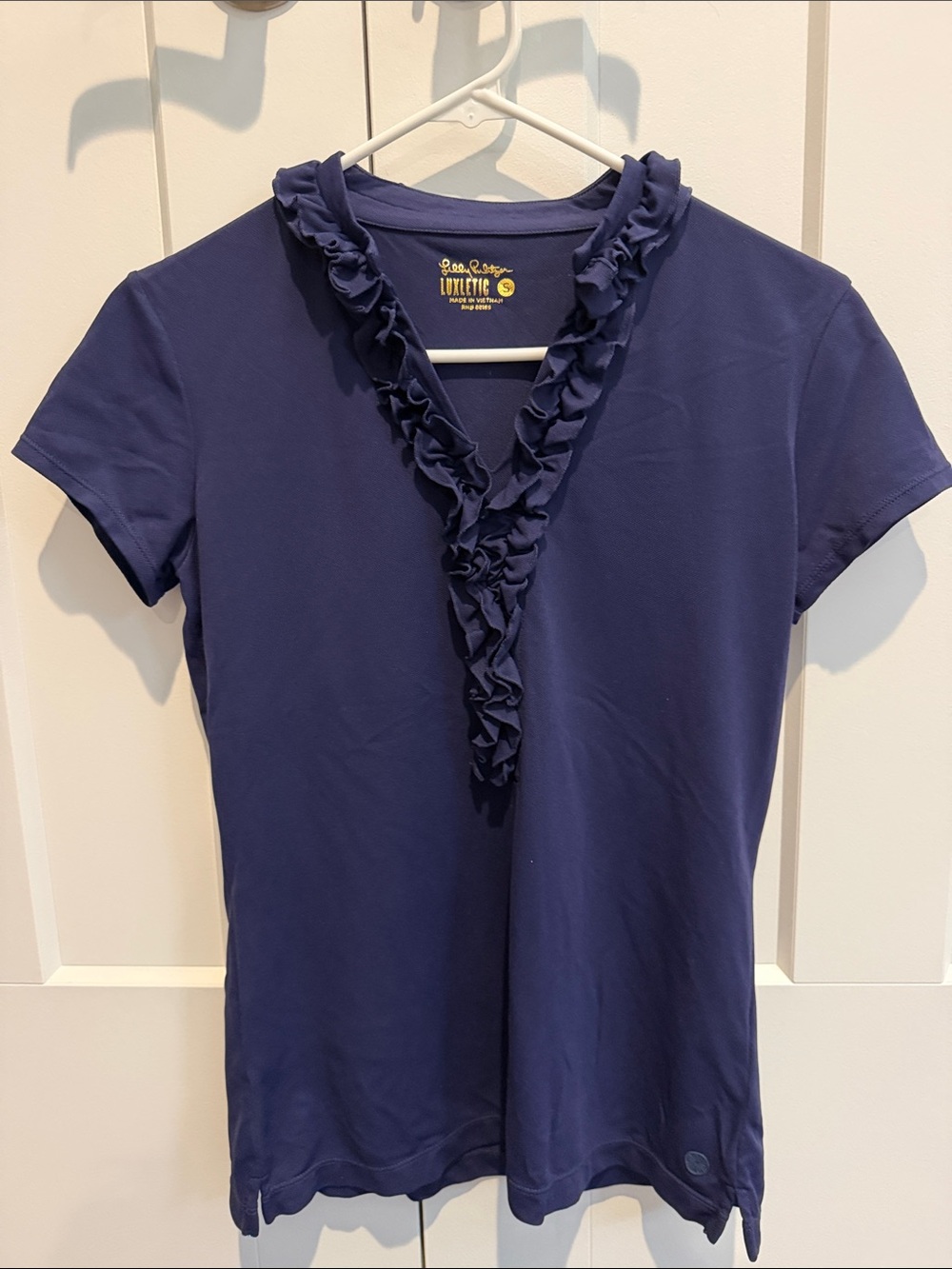 Lilly Pulitzer Luxletic Frida navy ruffle polo top small